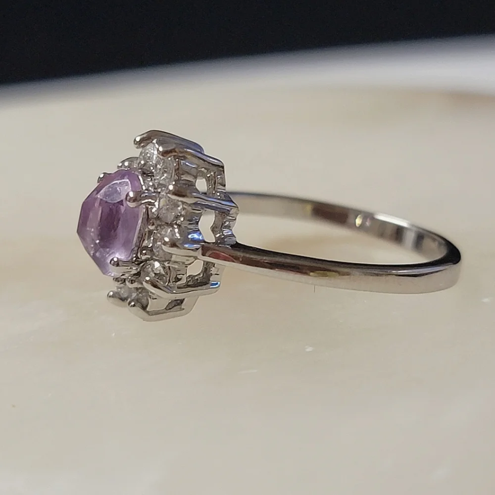 Gorgeous Amethyst Halo Flower Ring Cluster Faceted Gemstone